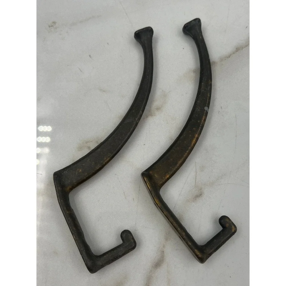 Vintage Brass Double Wall Hooks Pair Antique Patina Heavy Duty Coat Hat Hooks